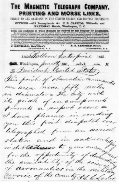 Thaddeus S. C. Lowe to Abraham Lincoln, June 16, 1861 (Page 1)