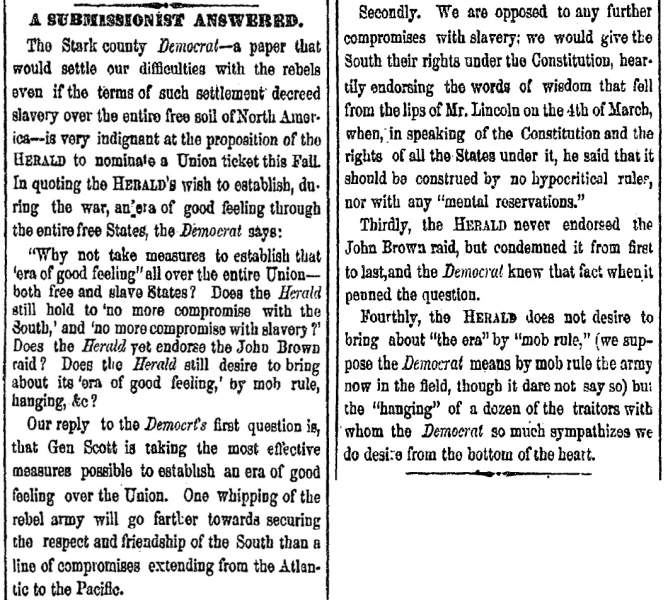 “A Submissionist Answered,” Cleveland (OH) Herald, June 17, 1861