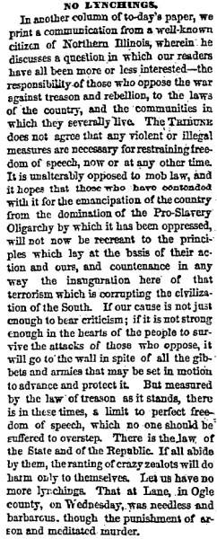 “No Lynchings,” Chicago (IL) Tribune, June 21, 1861