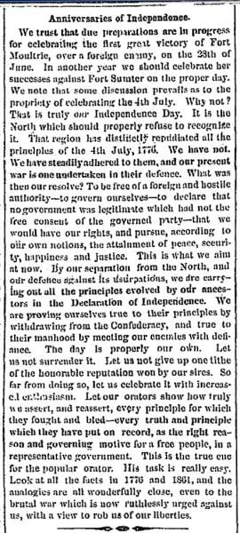 “Anniversaries of Independence,” Charleston (SC) Mercury, June 27, 1861