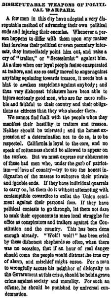 “Disreputable Weapons of Political Warfare,” San Francisco (CA) Evening Bulletin, June 27, 1861