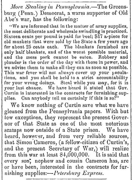 “More Stealing in Pennsylvania,” Fayetteville (NC) Observer, July 1, 1861