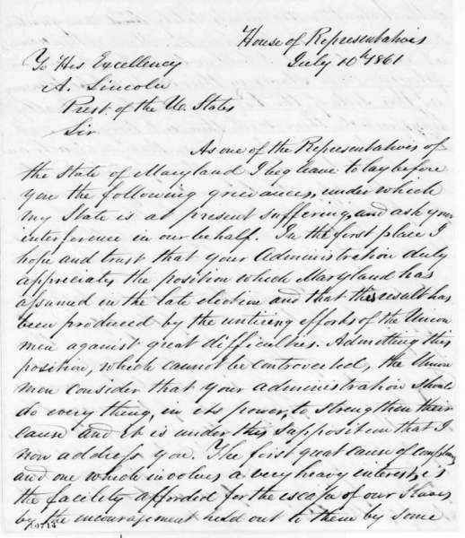 Charles B. Calvert to Abraham Lincoln, July 10, 1861 (Page 1)