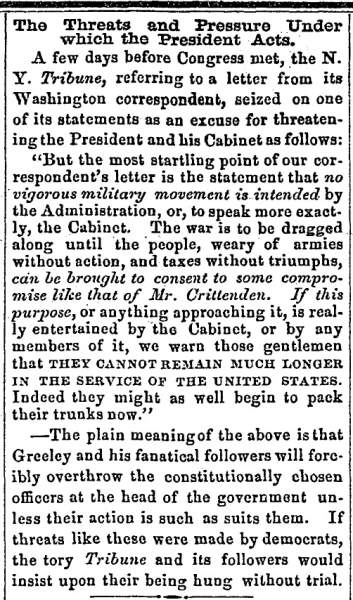 “The Threats and Pressure Under which the President Acts,” Newark (OH) Advocate, July 12, 1861