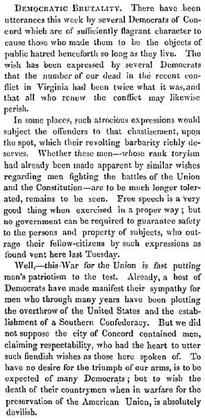 “Democratic Brutality,” (Concord) New Hampshire Statesman, July 27, 1861