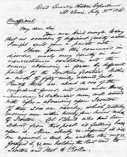 John C. Fremont to Abraham Lincoln, July 30, 1861 (Page 1)