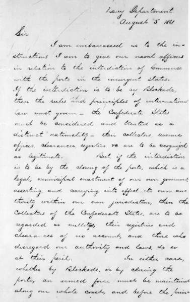 Gideon Welles to Abraham Lincoln, August 5, 1861 (Page 1)