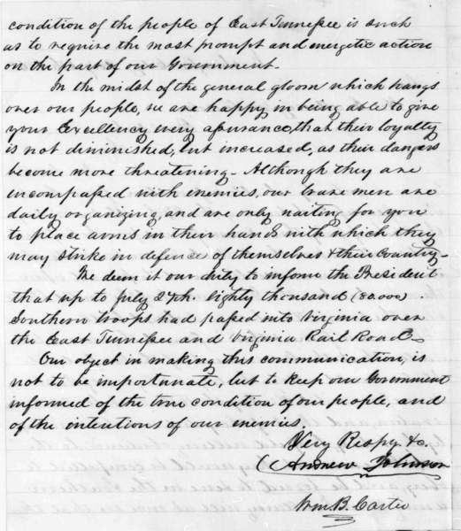 Andrew Johnson and William B. Carter to Abraham Lincoln, August 6, 1861 (Page 2)