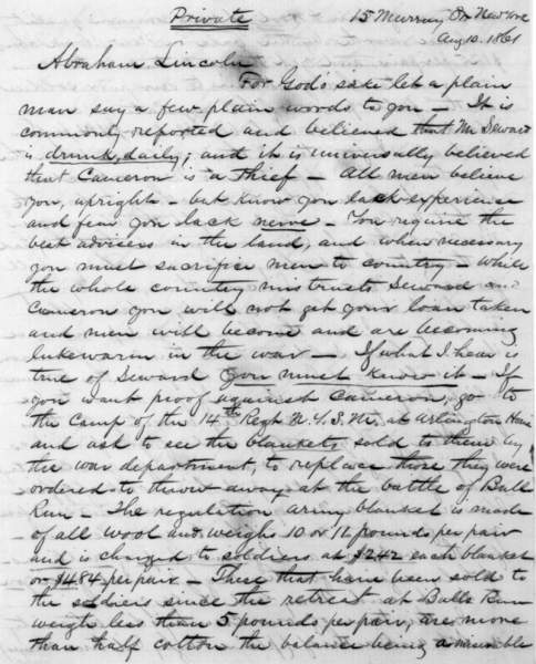 John P. Crawford to Abraham Lincoln, August 10, 1861 (Page 1)