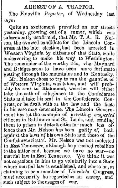 “Arrest of a Traitor,” Raleigh (NC) Register, August 14, 1861