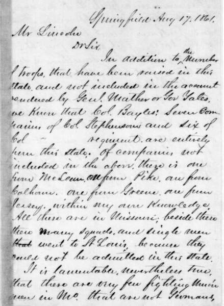 Ozias Mather Hatch to Abraham Lincoln, August 17, 1861 (Page 1)