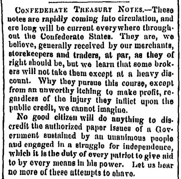 “Confederate Treasury Notes,” New Orleans (LA) Picayune, August 25, 1861