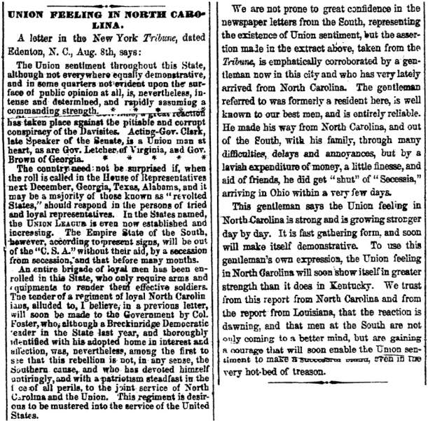 “Union Feeling in North Carolina,” Cleveland (OH) Herald, August 27, 1861