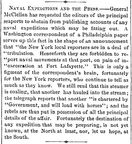 “Naval Expeditions and the Press,” Boston (MA) Advertiser, October 10, 1861