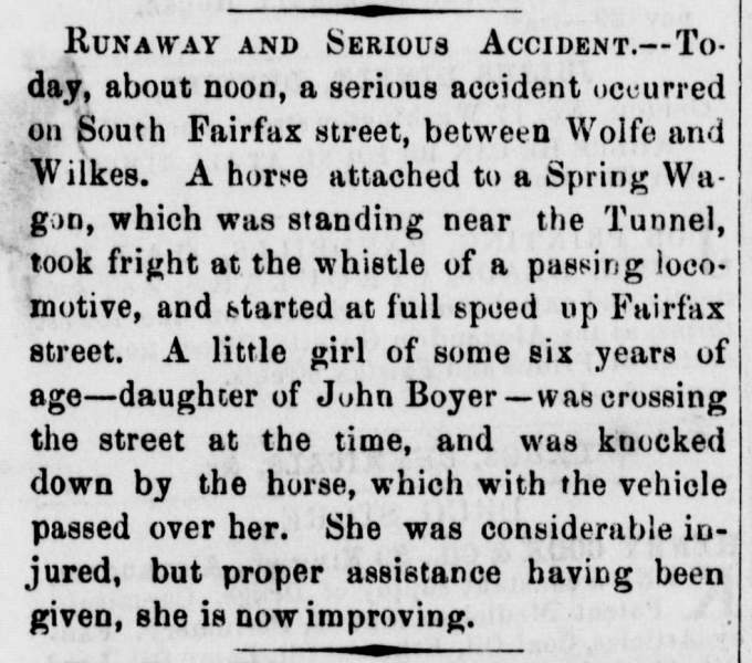 “Runaway and Serious Accident,” Alexandria (VA) Local News, December 14, 1861