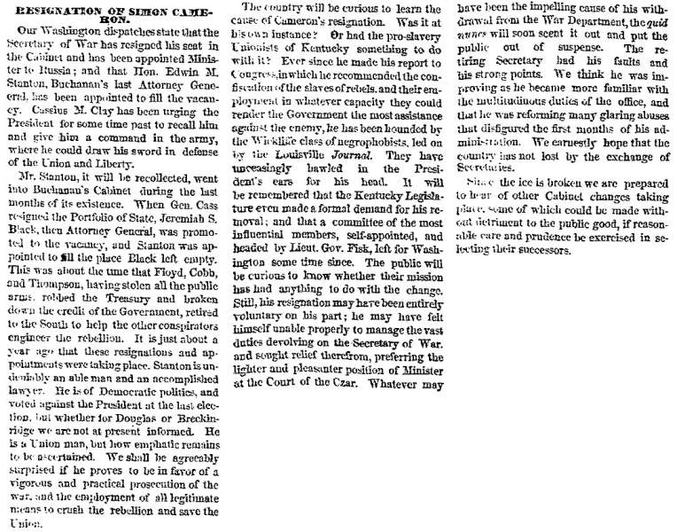 “Resignation of Secretary Cameron,” Chicago (IL) Tribune, January 14, 1862