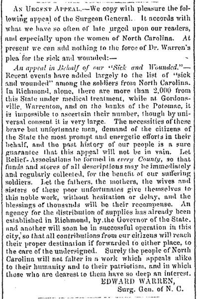 “An Urgent Appeal,” Fayetteville (NC) Observer, September 29, 1862