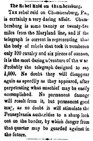 “The Rebel Raid on Chambersburg,” Milwaukee (WI) Sentinel, October 13, 1862