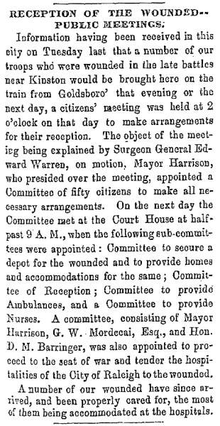 “Reception of the Wounded,” Raleigh (NC) Register, December 24, 1862