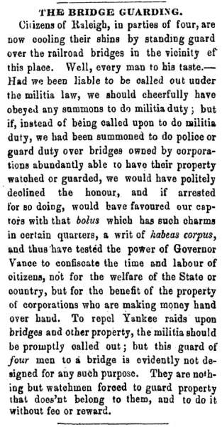 “The Bridge Guarding,” Raleigh (NC) Register, May 23, 1863