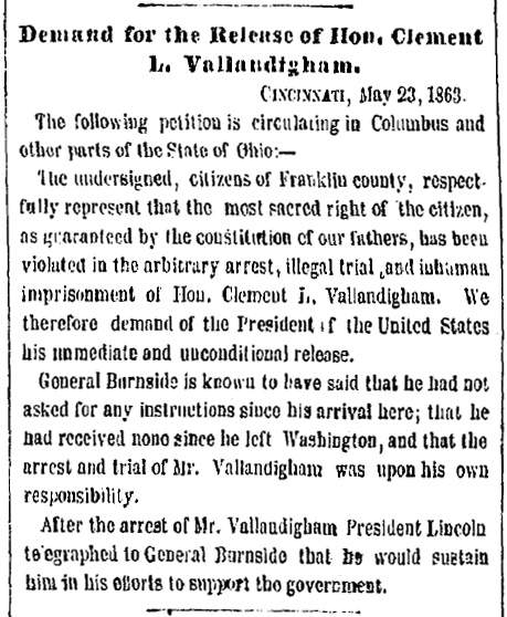 “Demand for the Release of Hon. Clement L. Vallandigham,” New York Herald, May 24, 1863
