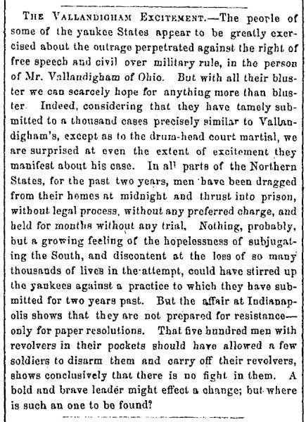 “The Vallandigham Excitement,” Fayetteville (NC) Observer, May 28, 1863