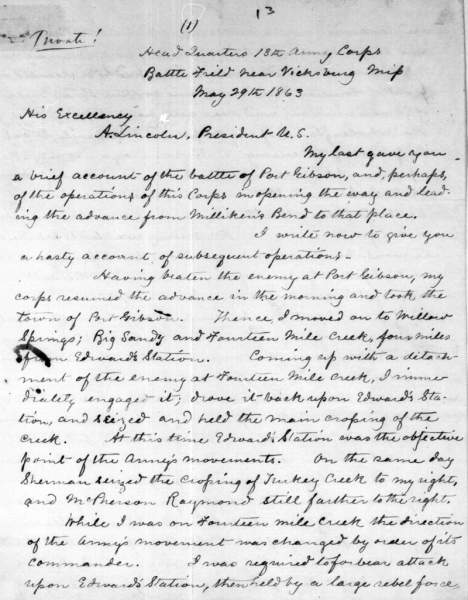John A. McClernand to Abraham Lincoln, May 29, 1863 (Page 1)