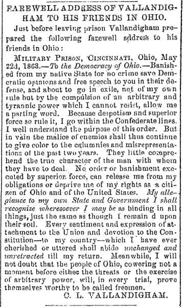“Farewell Address of Vallandigham to His Friends in Ohio,” Raleigh (NC) Register, June 10, 1863
