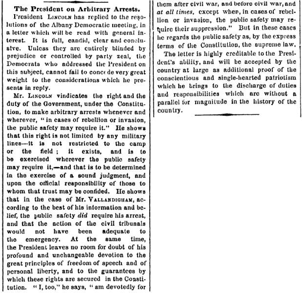 “The President on Arbitrary Arrests,” New York Times, June 15, 1863