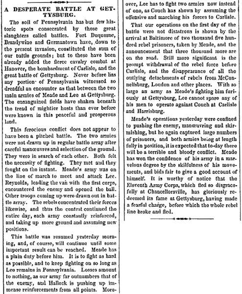 “A Desperate Battle At Gettysburg,” Philadelphia (PA) North America and United States Gazette,  July 3, 1863