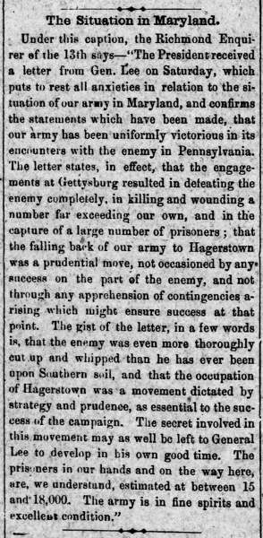 “The Situation in Maryland,” Abingdon (VA) Virginian, July 17, 1863