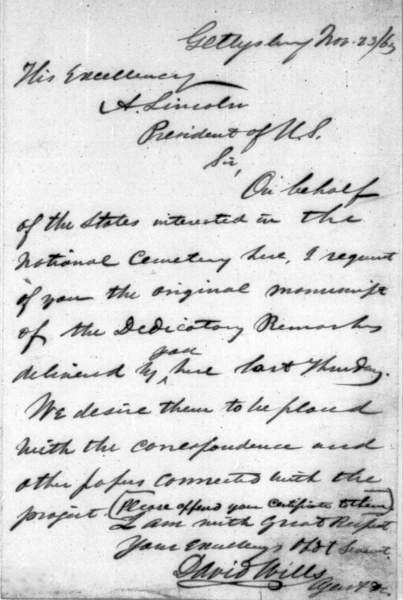 David Wills to Abraham Lincoln, November 23, 1863 (Page 1)