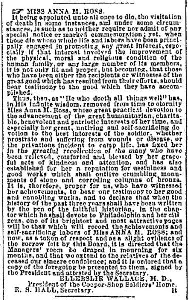 "Ms. Anna M. Ross” Philadelphia (PA) North American and United States Gazette, December 24, 1863
