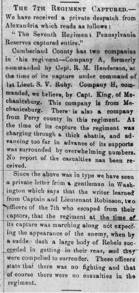 “The 7th Regiment Captured,” Carlisle (PA) Herald, May 13, 1864