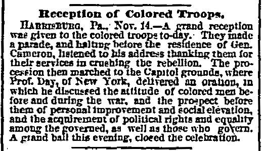 “Reception of Colored Troops,” Chicago (IL) Tribune, November 15, 1865