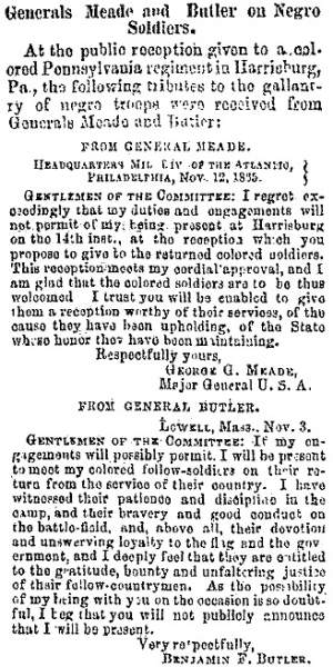 "Generals Meade and Butler on Negro Soldiers," Milwaukee (WI) Sentinel, November 25, 1865