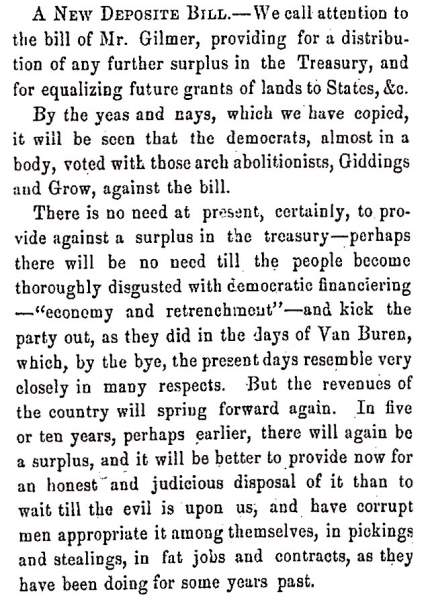 "A New Deposite [Deposit] Bill," Fayetteville (NC) Observer, June 17, 1858