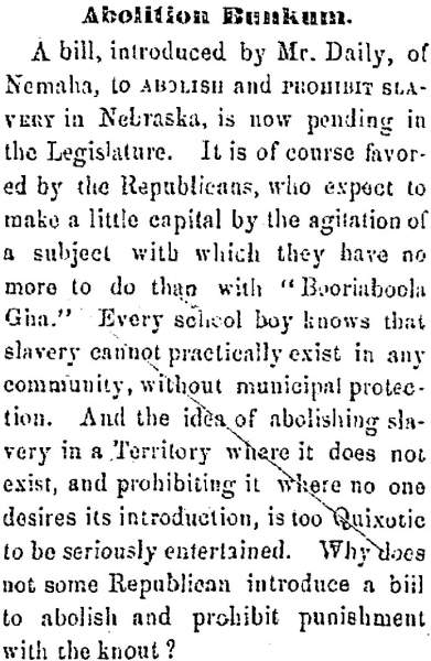 “Abolition Bunkum,” Omaha Nebraskan, November 3, 1858
