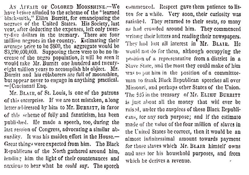 "An Affair of Colored Moonshine," (St. Louis) Missouri Republican, July 4, 1858
