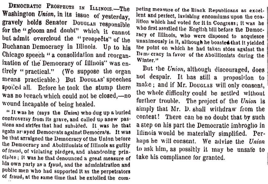 “Democratic Prospects In Illinois,” New York Times, August 18, 1858