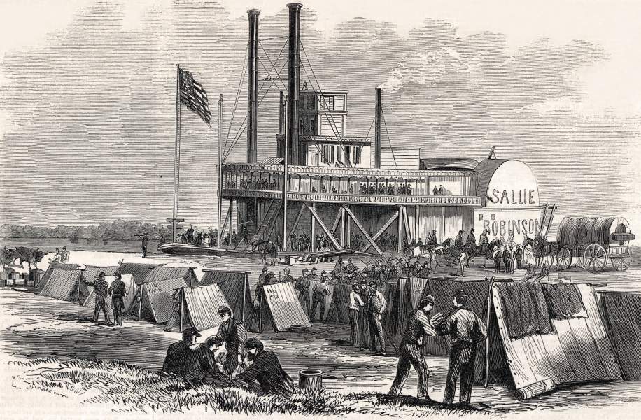 New York and Rhode Island troops land at W.D. Winter's Plantation, Louisiana, June 17, 1863, artist's impression, zoomable image