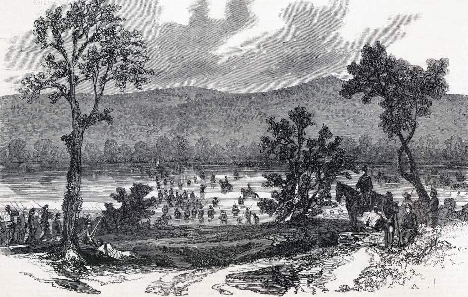 Union's 16th Corps fording the Chattahoochee River, Roswell's Ferry, Georgia, July 10,1864, artist's impression, zoomable image