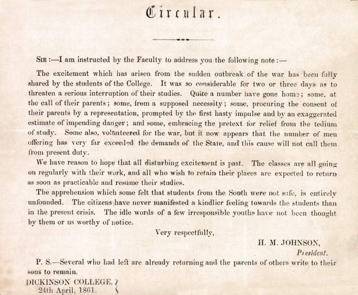 Dickinson College President Herman Johnson Circular Letter, April 24, 1861