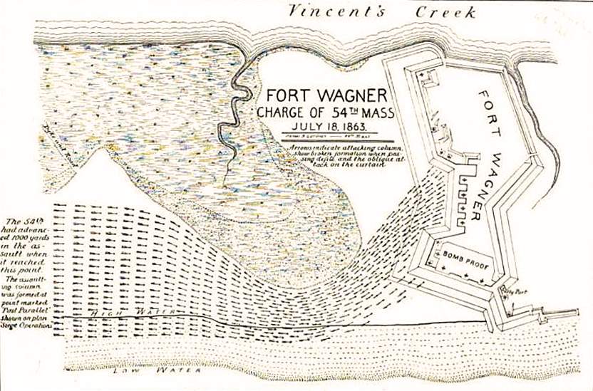Charge of the 54th Massachusetts at Fort Wagner, July 1863, map