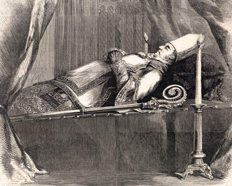 Body of Archbishop Hughes laying in state, St. Patrick's Cathedral, New York City, January 6, 1863, artist's impression