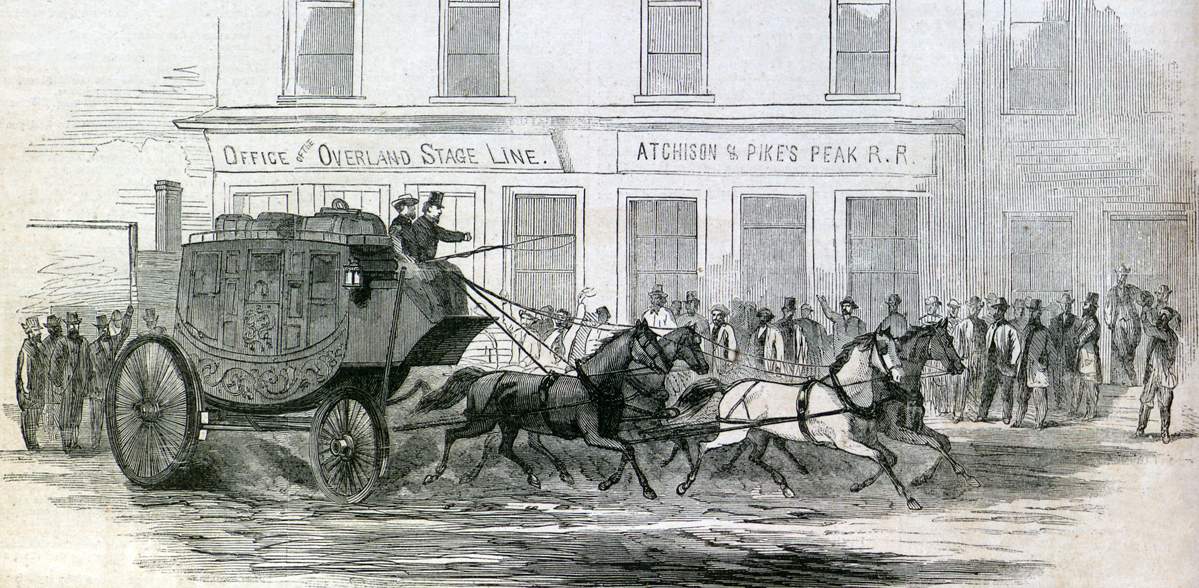 The Butterfield Stage leaving Atchison, Kansas for the West, late 1865, artist's impression