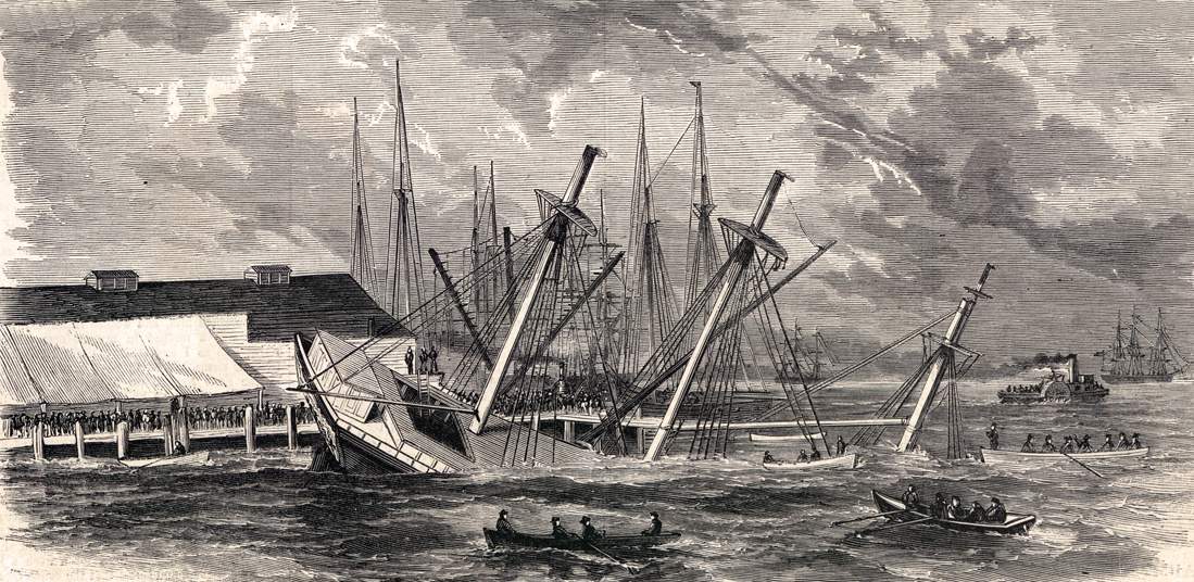 Sinking of the transport ship "Aquila" in San Francisco Harbor, November 24, 1863, artist's impression