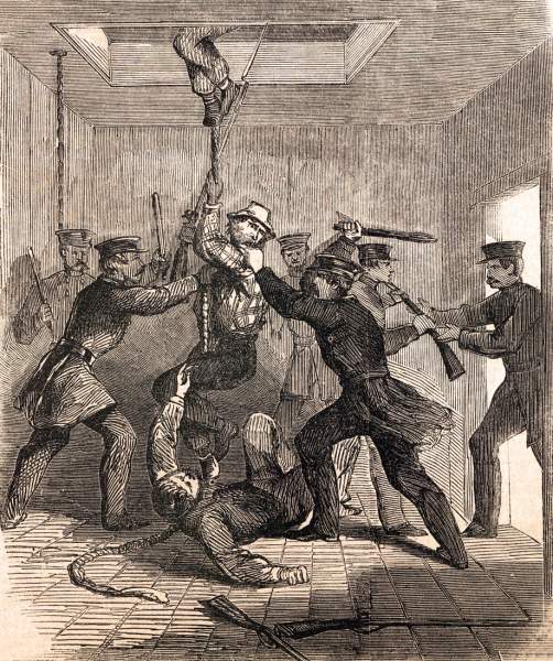 Police arresting draft rioters, New York City, July, 1863, artist's impression
