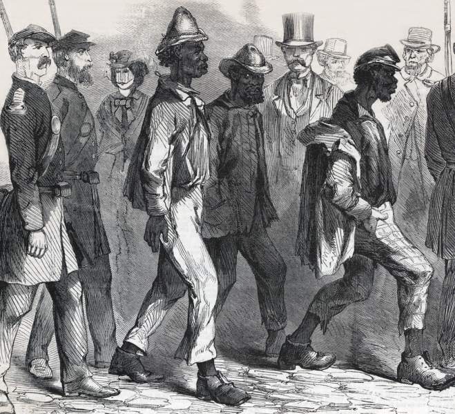 African-Americans under military arrest as vagrants, New Orleans, Louisiana, April 1864, artist's impression, detail