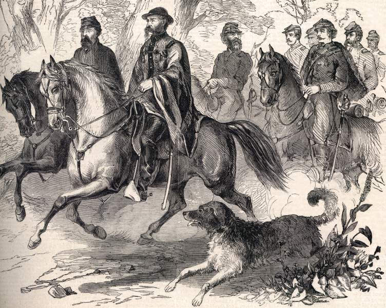 General Alexander Asboth, staff, and his dog "York", Battle of Pea Ridge, March, 1862, artist's impression, zoomable image 